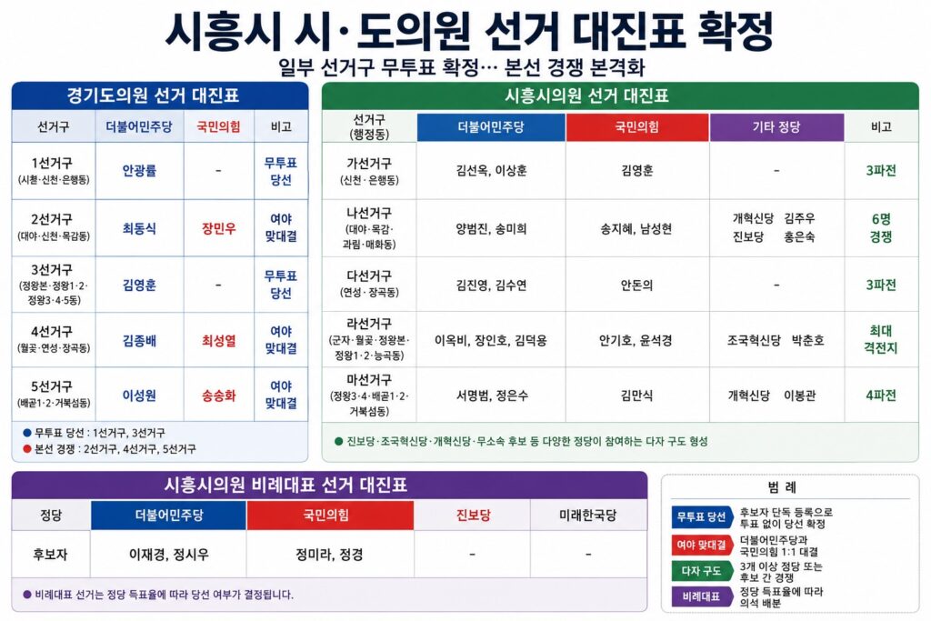 시흥시 시·도의원 대진표 확정… 일부 무투표 속 본선 경쟁 본격화