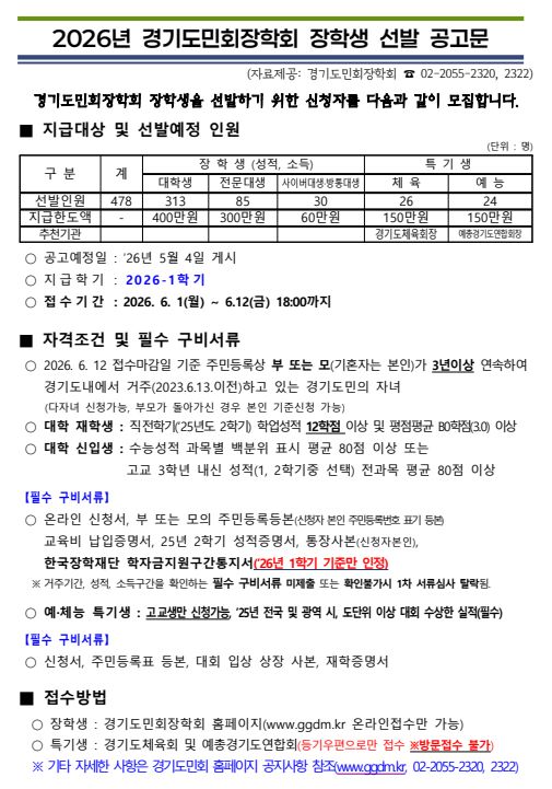 경기도민회장학회, 2026년 1학기 장학생 모집